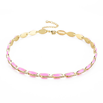 Brass Micro Pave Cubic Zirconia Link Tennis Necklaces for Women, with Enamel, Nickel Free, Real 18K Gold Plated, Oval, Pearl Pink, 34x0.7cm