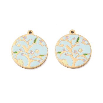 Vacuum Plating 304 Stainless Steel Enamel Pendants, Manual Polishing, Flat Round with Tree, Real 18K Gold Plated, 18x16x1mm, Hole: 1.2mm