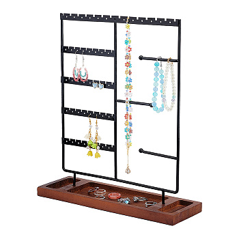 Iron Jewelry Set Display Stands, Jewelry Organizer Holder, with Saddle Brown Wood Base, for Earrings, Bracelets, Necklaces Storage, Electrophoresis Black, Finish Product: 30x9.5x34cm, about 2pcs/set