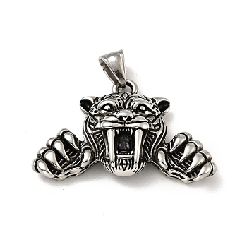 304 Stainless Steel Pendants, Tiger Head, Antique Silver, 31x44x10mm, Hole: 8x4mm