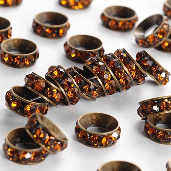 Brass Rhinestone Spacer Beads, Grade A, Rondelle, Antique Bronze Metal Color, Coffee, 10x4.2mm, Hole: 4.2mm