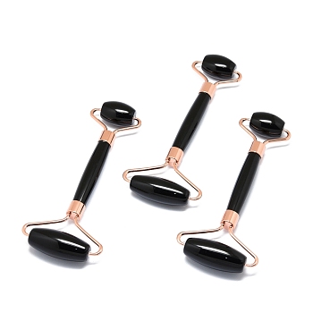 Natural Obsidian Massage Tools, Facial Rollers, with Brass Findings, for Face, Eyes, Neck, Body Muscle Relaxing, Rose Gold, 137x39~59mm