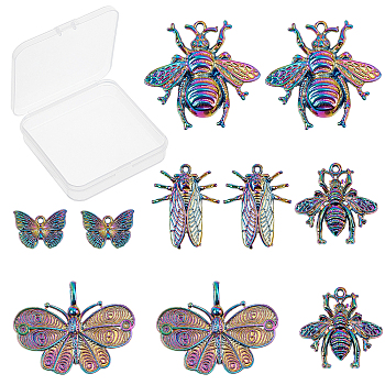 10Pcs 5 Styles Plated Alloy Pendants, Cadmium Free & Lead Free, Butterfly & Bees & Cicada, Rainbow Color, 2pcs/style
