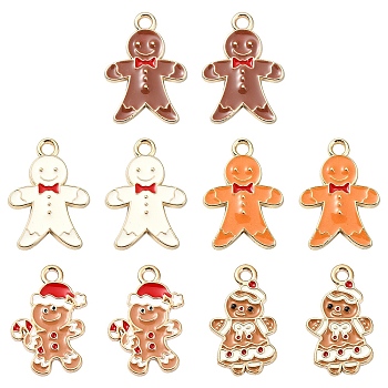 10Pcs 5 Styles Alloy Enamel Pendants, for Christmas, Light Gold, Gingerbread Man, Mixed Color, 20~20.5x11.5~14x1~2mm, Hole: 2mm, 2pcs/style
