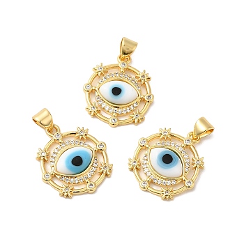 Handmade Evil Eye Lampwork Pendants, with Brass Cubic Zirconia Finding, Cadmium Free & Lead Free, Real 18K Gold Plated, Flat Round Charm, White, 20.5x17.5x3.3mm, Hole: 3x4.3mm