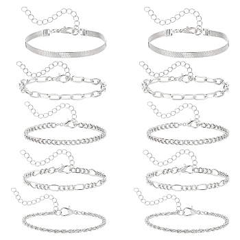10Pcs Bohemian Style Alloy Chain Bracelets Kit for Women, Platinum, 7-7/8 inch(20cm)