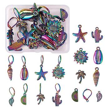 DIY Drop Earring Making Finding Kits, Including Flower & Cowrie Shell & Leaf & Starfish Alloy Pendants, 304 Stainless Steel Leverback Earring Findings, Rainbow Color, 32pcs/box