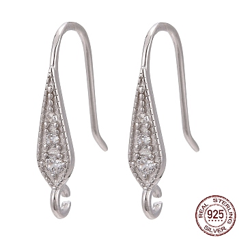 Rhodium Plated 925 Sterling Silver, with Micro Pave Cubic Zirconia Earring Hooks, with 925 Stamp, Platinum, 17x3mm, Hole: 1mm, 20 Gauge, Pin: 0.8mm