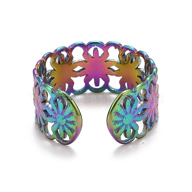 Rainbow Color Ion Plating(IP) 304 Stainless Steel Sunflower Open Cuff Ring for Women(RJEW-A005-42MC)-3