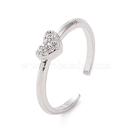 Clear Cubic Zirconia Heart Open Cuff Ring, Brass Jewelry for Women, Platinum, Inner Diameter: 16mm(RJEW-E072-13P)