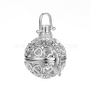 Fashional Hollow Brass Round with Heart Cage Pendants, For Chime Ball Pendant Necklaces Making, Cadmium Free & Nickel Free & Lead Free, Platinum, 29x23mm, Hole: 5.5x6mm, inner diameter: 21mm(KK-F0301-P-NR)