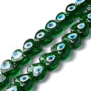 Handmade Evil Eye Lampwork Beads, Heart, Green, 14.5~15x15.5~16x6.5~7.5mm, Hole: 1~1.6mm, about 25pcs/strand, 14.02~13.66 inch(34.7~35.6cm)(LAMP-F021-02B)