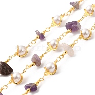 Handmade Natural Amethyst Chip Beaded Chains, Real 18K Gold Plated Brass Glass Link Chains, Soldered, with Spool, Cadmium Free & Lead Free, Bead link: 12.5x8x6mm, Gemstone Chip: 16~19x8.5~10x5~6.5mm(CHC-M024-22G-01)