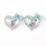 Transparent Epoxy Resin Heart with Bowknot Decoden Cabochons, with Glitter Powder, Aqua, 24x24.5x8mm(CRES-M034-07C)