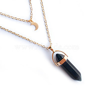 Natural Obsidian Double Terminated Pointed Bullet & Moon Alloy Pendant Double Layer Necklaces for Women, Golden, 13.78 inch(35cm)(WGAD714-01)