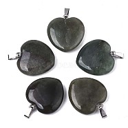 Natural Green Aventurine Pendants, with Stainless Steel Pinch Bails and Iron Loop, Heart, 26.5~27.5x25.5x8mm, Hole: 2x6mm(G-N0326-54B)