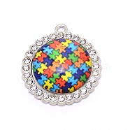 Zinc Alloy Enamel Pendants, with Rhinestones, for Jewelry  Making, Flat Round with Puzzle Pattern, Colorful, Platinum, 27x24x6mm, Hole: 1.6mm(PALLOY-TAC0022-04)