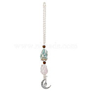 Natural Rose Quartz & Green Aventurine Pendant Decorations, with Cotton Rope and Alloy Pendants, Wood Beads, Moon & Tree, Antique Silver, 295mm(HJEW-WH0036-14)