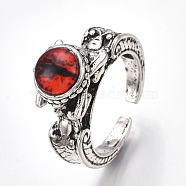 Alloy Cuff Finger Rings, with Glass, Wide Band Rings, Dragon Eye, Antique Silver, Red, US Size 8 1/2(18.5mm)(RJEW-T006-35C)