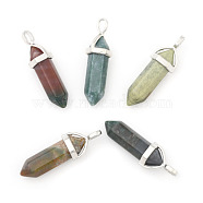 Natural Indian Agate Double Terminated Pointed Pendants, with Random Alloy Pendant Hexagon Bead Cap Bails, Bullet, Platinum, 36~45x12mm, Hole: 3x5mm, Gemstone: 10mm in diameter(G-F295-04L)