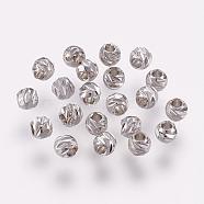 Carved Brass Beads, Long-Lasting Plated, Round, Real Platinum Plated, 3.5~4x3mm, Hole: 2mm(KK-G312-02P-4mm)