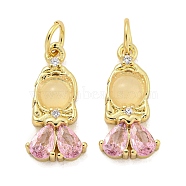Natural White Jade Gril Pendants, Rack Plating Brass Pave Cubic Zirconia Charms with Jump Rings, Real 18K Gold Plated, Long-Lasting Plated, Lead Free & Cadmium Free, Pink, 16.5x8x3mm, Hole: 3mm(KK-Q814-21G-01)