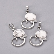 Natural Howlite Kitten Pendants, with Platinum Tone Brass Findings and Crystal Rhinestone, Cat with Bowknot Shape, 32x25.5x7.5mm, Hole: 4.5x7mm(G-L512-R22)