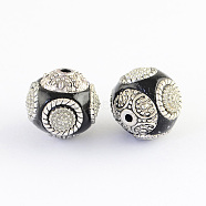 Round Handmade Indonesia Beads, with Alloy Cores, Antique Silver, Black, 14~16x14~16mm, Hole: 1.5mm(IPDL-R397-05)