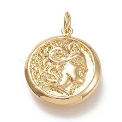 Brass Pendants, with Jump Rings, Flat Round with Woman, Real 18K Gold Plated, 20.5x17.5x3mm, Jump Ring: 5x1mm, 3mm Inner Diameter(KK-L203-003G)