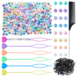 Hair Styling Braiding Tool Set, with 6Pcs Topsy Tail Hair Styling Braiding Tool and 1Pc Comb, 3 Bag Elastic Thread Hair Ties, 300Pcs Acrylic Bead, Mixed Color, 200x24.5x2mm(OHAR-DC0001-08)