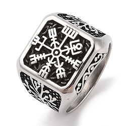 Viking 304 Stainless Steel Vegvisir Wide Finger Rings for Mens, Antique Silver, Square, 19.5mm, US Size 9(18.9mm)(RJEW-U005-21A-04)