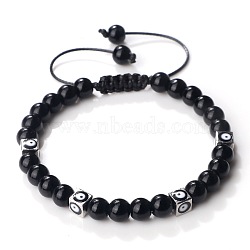 Trendy Ethnic Style Cube Evil Eye & Round Natural Black Onyx(Dyed & Heated) Beaded Stretch Bracelets, Adjustable Bracelets for Women(PJ2289-1)