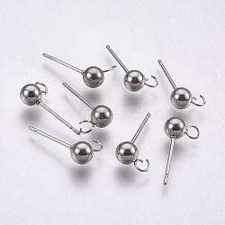 304 Stainless Steel Ball Stud Earring Findings, with Loop, Round, Stainless Steel Color, 17mm, Hole: 2mm, Pin: 0.8mm(STAS-P196-01)