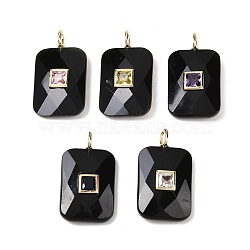 Natural Obsidian Pendants, Faceted Rectangle Charms with Brass Micro Pave Random Color Cubic Zirconia Findings, Golden, 25x18x6~8mm, Hole: 2.5x3.5mm(G-I391-03G-12)