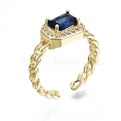 Brass Micro Pave Cubic Zirconia Cuff Rings, Open Rings, Rectangle Octagon, Curb Chain, Real 16K Gold Plated, Nickel Free, Dark Blue, US Size 6 3/4, Inner Diameter: 17mm(RJEW-Q161-003A-NF)