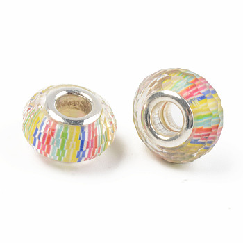 Resin European Beads, Large Hole Beads, with Silver Color Plated Brass Cores, Faceted, Rondelle, Colorful, 14x9mm, Hole: 5mm