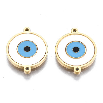 304 Stainless Steel Enamel Links Connectors, Flat Round with Eye, White and Sky Blue, Real 14K Gold Plated, 15x12x1.5mm, Hole: 0.9mm