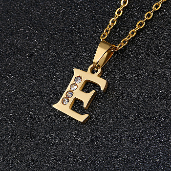 201 Stainless Steel Crystal Rhinestone Initial Pendant Necklaces, Golden, Letter E, 17.72 inch(45cm), pendant: 16x11mm