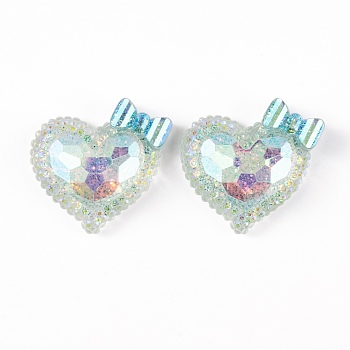 Transparent Epoxy Resin Heart with Bowknot Decoden Cabochons, with Glitter Powder, Aqua, 24x24.5x8mm