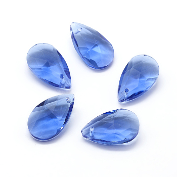 Faceted Glass Pendants, Teardrop, Royal Blue, 15x9.5x5.5mm, Hole: 1mm