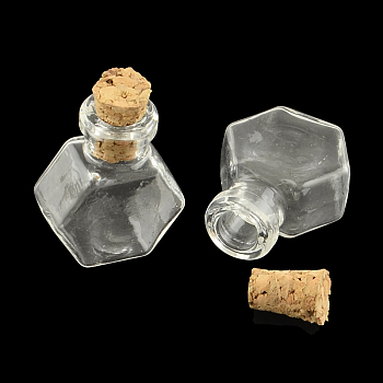 Hexagon Glass Bottle for Bead Containers, with Cork Stopper, Wishing Bottle, Clear, 25x20x11mm, Hole: 6mm, Bottleneck: 9.5~10mm in diameter, Capacity: 1.5ml(0.05 fl. oz)
