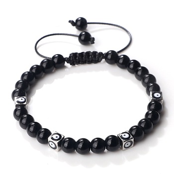 Trendy Ethnic Style Cube Evil Eye & Round Natural Black Onyx(Dyed & Heated) Beaded Stretch Bracelets, Adjustable Bracelets for Women