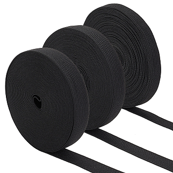 PandaHall Elite 3 Rolls 3 Styles Flat Polyester Elastic Cord, Garment Accessories, Black, 1/2~3/4 inch(12mm~20mm), about 8 yards/roll, 1 roll/style