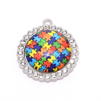 Zinc Alloy Enamel Pendants, with Rhinestones, for Jewelry  Making, Flat Round with Puzzle Pattern, Colorful, Platinum, 27x24x6mm, Hole: 1.6mm