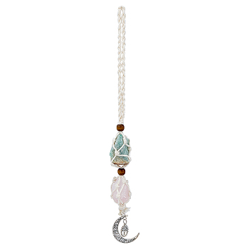 Natural Rose Quartz & Green Aventurine Pendant Decorations, with Cotton Rope and Alloy Pendants, Wood Beads, Moon & Tree, Antique Silver, 295mm