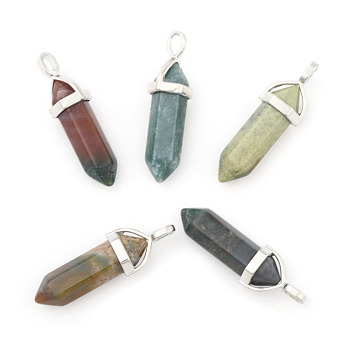 Natural Indian Agate Double Terminated Pointed Pendants, with Random Alloy Pendant Hexagon Bead Cap Bails, Bullet, Platinum, 36~45x12mm, Hole: 3x5mm, Gemstone: 10mm in diameter