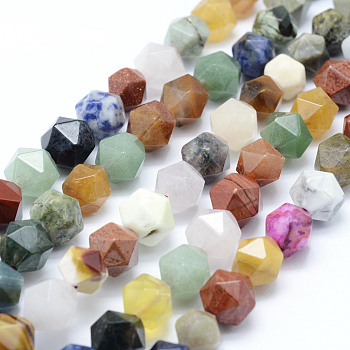 Natural Mixed Gemstone Beads Strands, Star Cut Round Beads, Faceted, 8~8.5mm, Hole: 1mm, about 48~50pcs/strand, 14.9~15.1 inch(38~38.5cm)