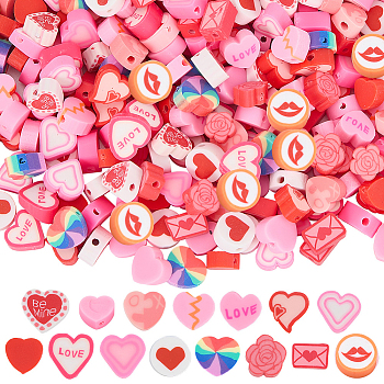 300Pcs 15 Styles Handmade Polymer Clay Beads, Valentine's Day Heart, Pink, 7~11x7~11x3~5mm, Hole: 1.2~1.8mm, 20pcs/style