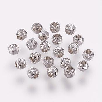 Carved Brass Beads, Long-Lasting Plated, Round, Real Platinum Plated, 3.5~4x3mm, Hole: 2mm
