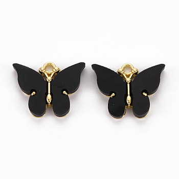 Rack Plating Alloy Pendants, with Acrylic, Cadmium Free & Lead Free, Light Gold, Butterfly, Black, 18.5x22.5x3mm, Hole: 2mm